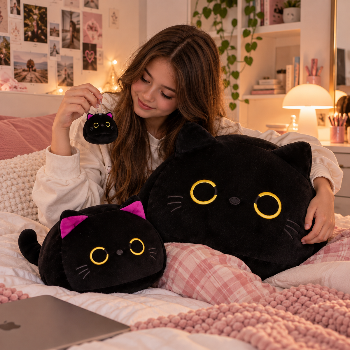7/11/20CM Kawaii Small Cuddly Black Cat Plush Doll Cartoon Stuffed Round Ball Cat Plushie Girl's Bag Keychain Pendant Toys