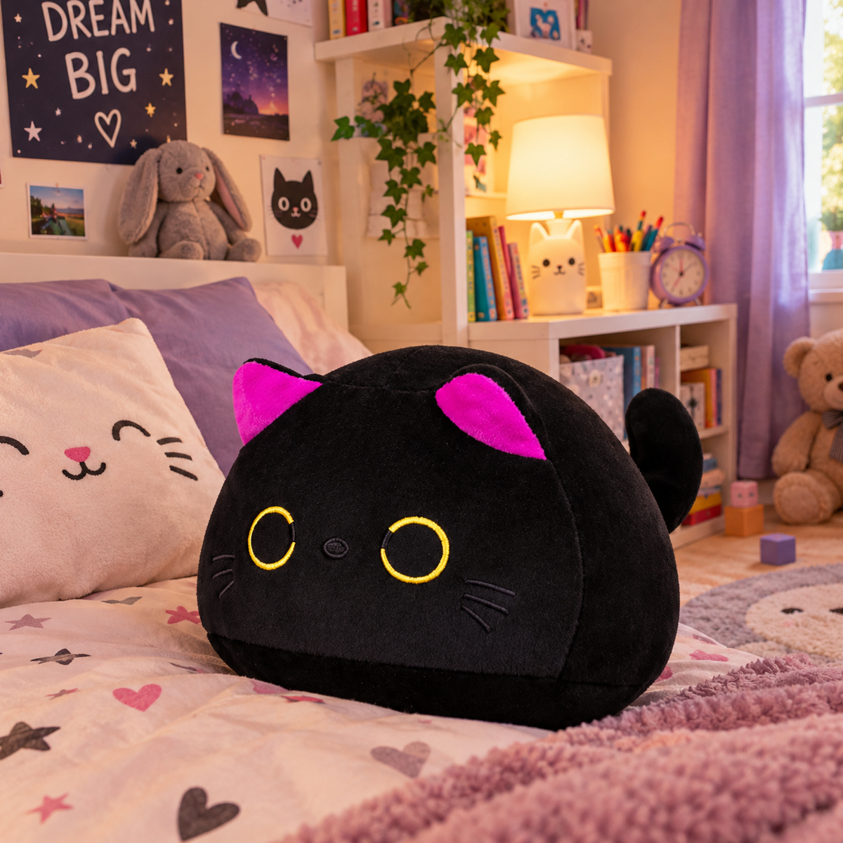 7/11/20CM Kawaii Small Cuddly Black Cat Plush Doll Cartoon Stuffed Round Ball Cat Plushie Girl's Bag Keychain Pendant Toys