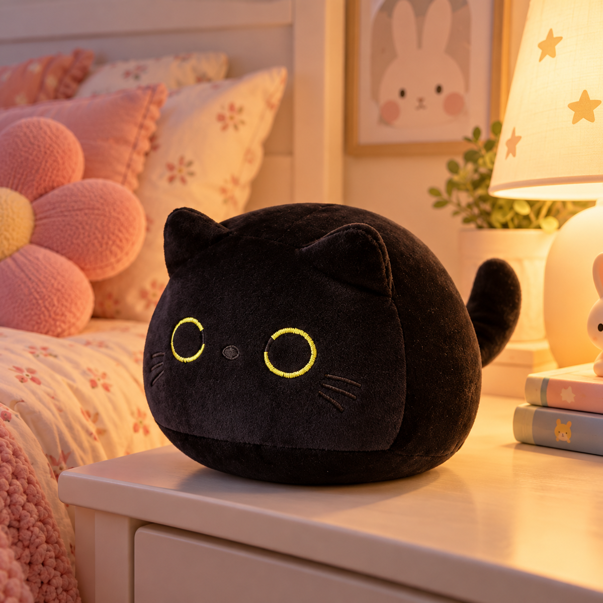 7/11/20CM Kawaii Small Cuddly Black Cat Plush Doll Cartoon Stuffed Round Ball Cat Plushie Girl's Bag Keychain Pendant Toys