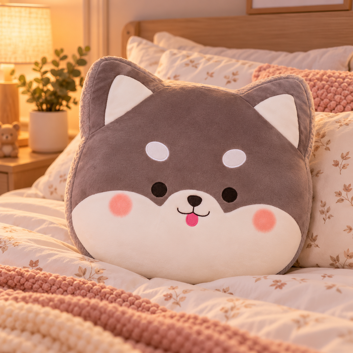 Djurhuvud-kudde – shiba inu, husky, katt eller gris (40 cm)