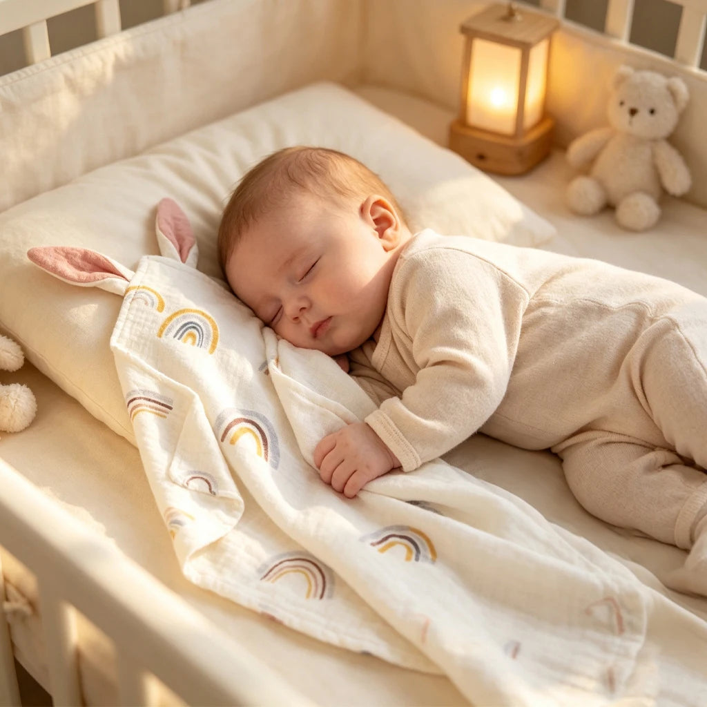 Snuttefilt i muslin med kaninöron – mjuk sovfilt för baby (2 modeller)