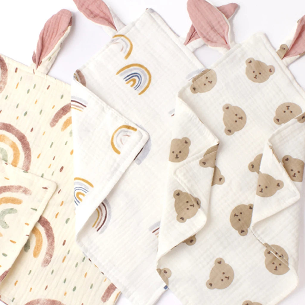 Snuttefilt i muslin med kaninöron – mjuk sovfilt för baby (2 modeller)